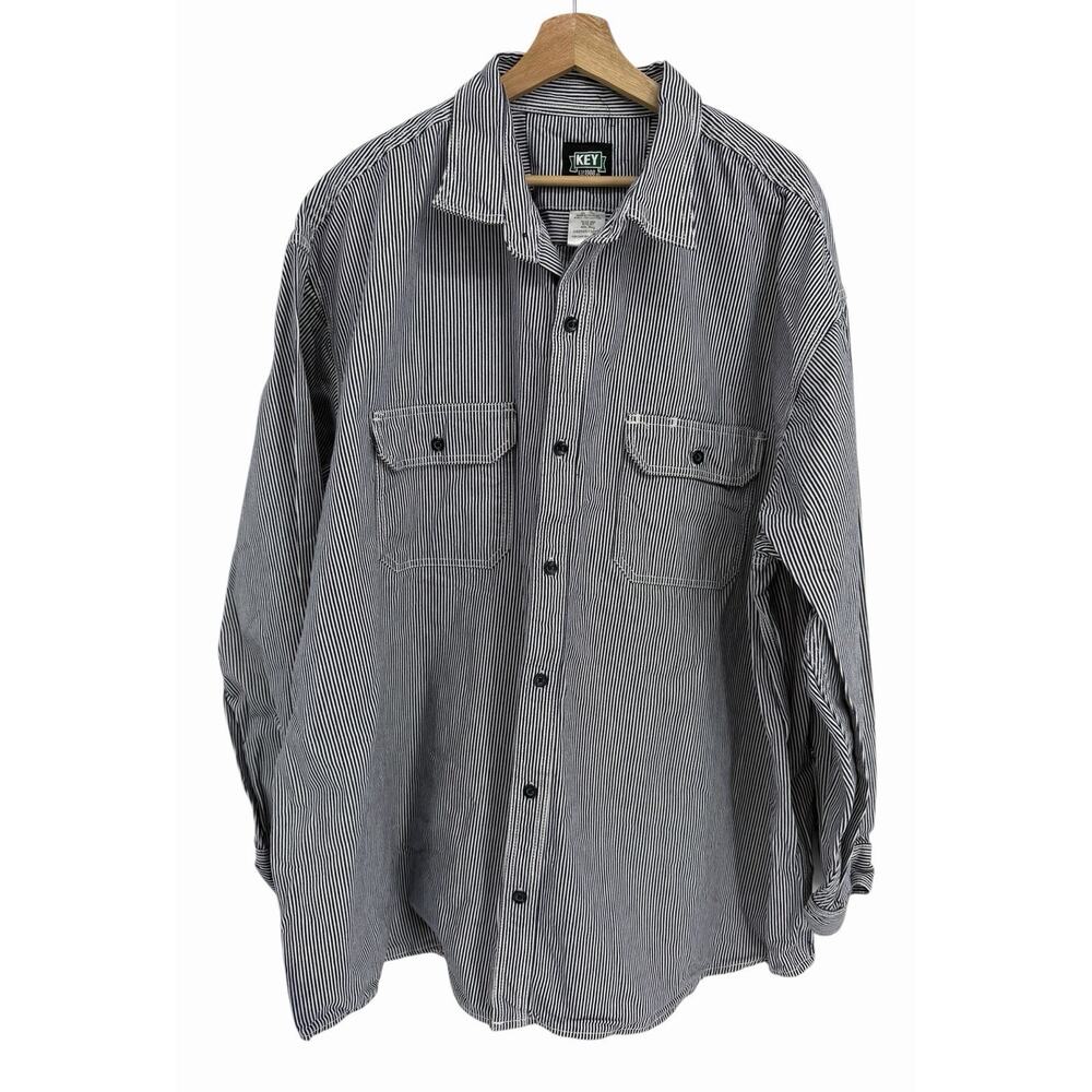 KEY Hickory Striped Button Up Logger Pockets Work Shirt Men's 4XL Cotton Denim